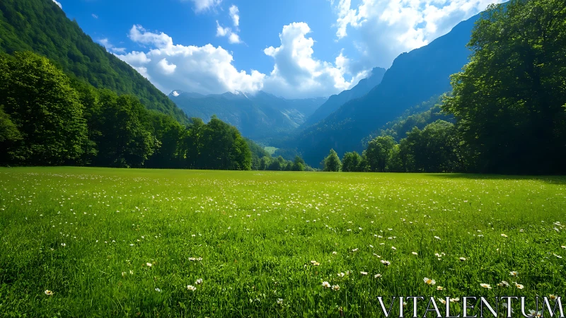 Wide-angle alpine meadow under directional daylight and cumulus cloud cover