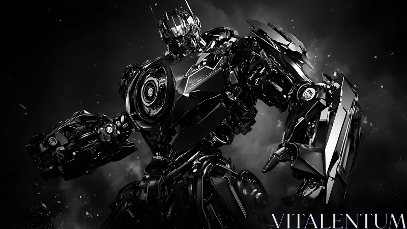 3D-rendered black combat mech with high-gloss mechanical armor.