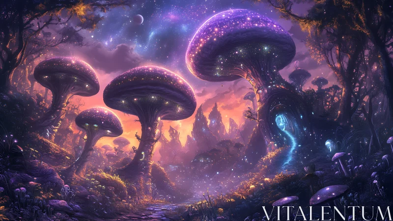 Starlit mushroom metropolis under a spellbound cosmic sky.