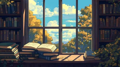 Sunny library window with open books and trees.