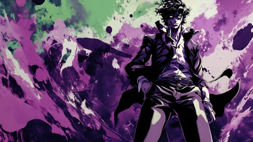 Stylized anime antihero dominates abstract neon splatter field
