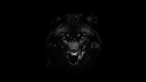 Stark monochrome wolf portrait emerges from deep darkness.