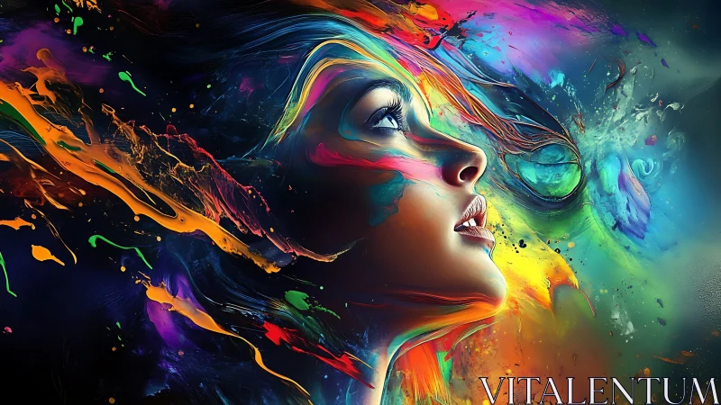 Chromatic daydreamer rising through a storm of electric paint.