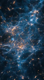 Network-like blue filaments with orange light nodes extend uniformly