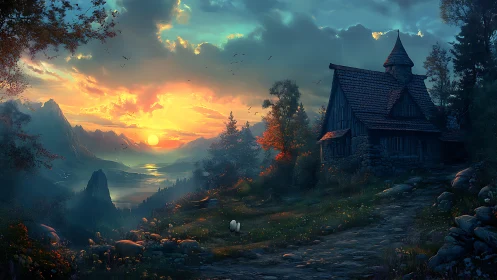 Sunset cottage overlooking a tranquil, glowing mountain lake.