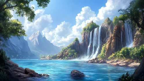 Tropical Waterfall Cascading Into Turquoise River Basin