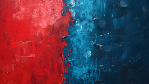 Bold Red and Blue Abstract Oil Painting with Textured Brushstrokes.