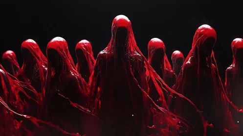Hooded red specters emerging from darkness in surreal tableau.