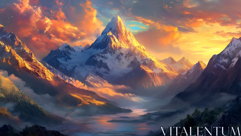 Sunlit crown of snowlit peaks over whispering valley river.