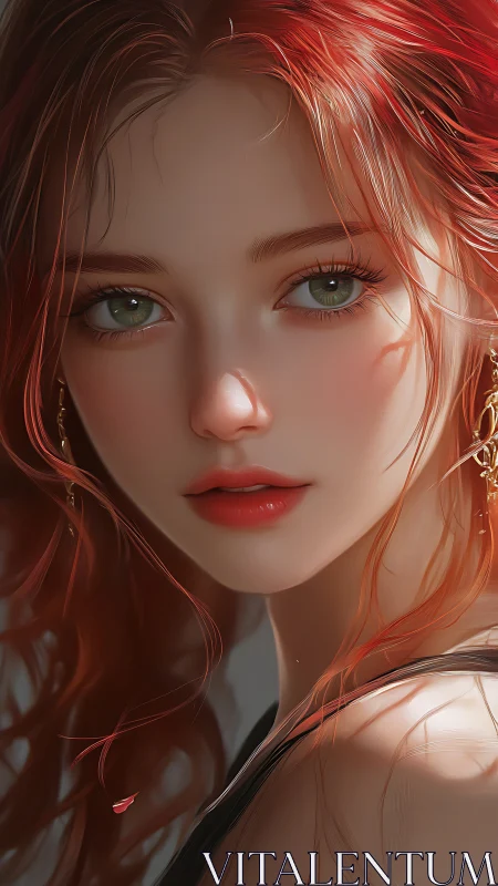 Digital portrait shows red haired woman with green eyes