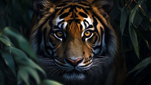 Jungle dusk turns tiger eyes into twin molten suns