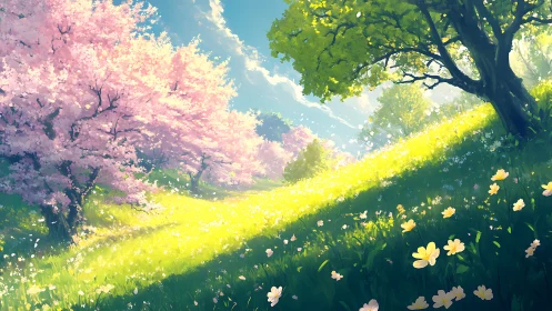 Spring hillside with flowering trees and scattered wildflowers.