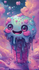Whimsical melting milkshake creature in dreamy candy sky.