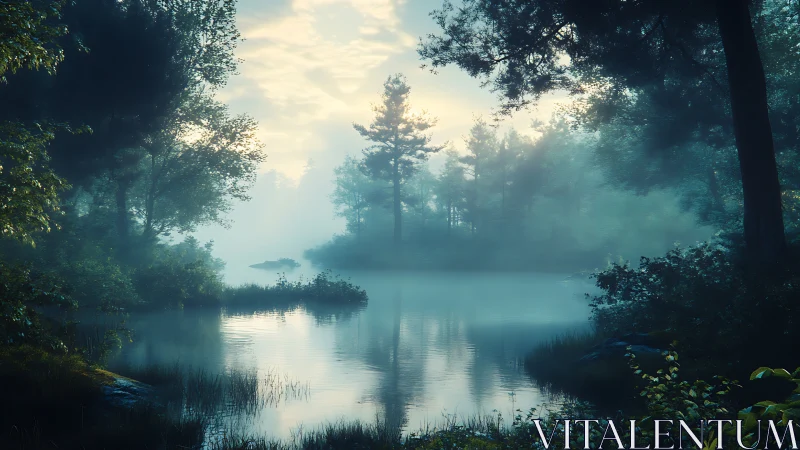 Atmospheric Riverine Landscape with Dense Arboreal Canopy.