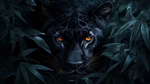 Black Panther Portrait with Amber Eyes in Nocturnal Vegetation.