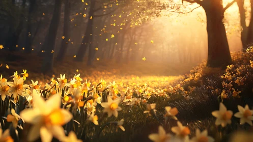 Glowing daffodil meadow in warm morning forest light.
