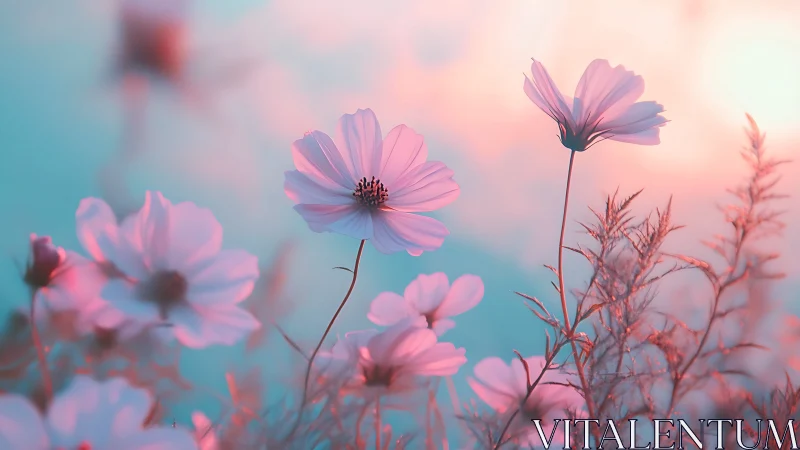 Pink cosmos flowers bloom against dreamy turquoise sky.