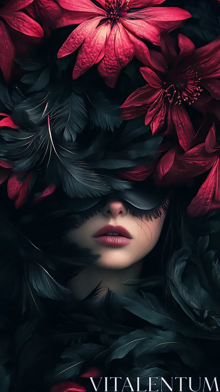 Floral-feathered masked portrait with cinematic digital chiaroscuro.