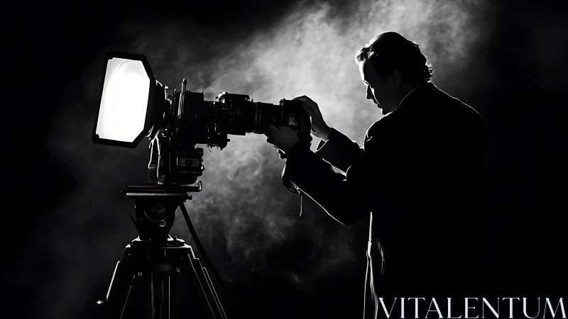 Cinematographer adjusting large studio camera in silhouette.