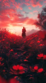 Lone traveler walks a glowing path through scarlet flowers.