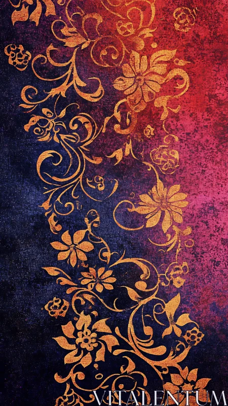 Gold floral ornament on textured red and navy background.