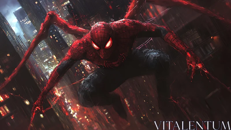 Red armored spider hero leaping over dark rainy city