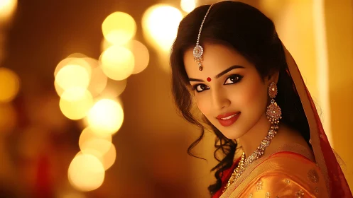 Portrait shows woman in traditional attire against bokeh lights