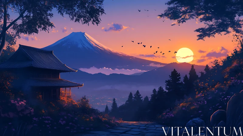 Mountain sunset over temple and distant valley landscape.