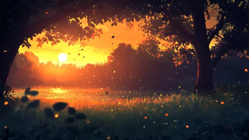 Sunlit forest lake under vivid golden sunset glow.