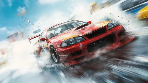 Red drift race car tears through smoke on a wet city track