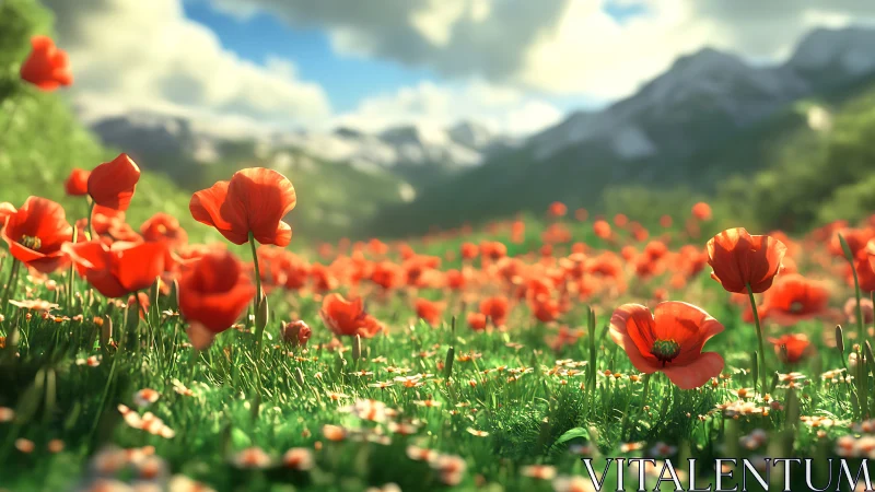 Alpine Meadow Red Poppies Against Mountain Backdrop.