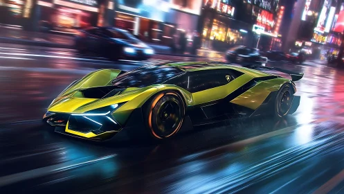 Cyberpunk hypercar render with neon urban motion blur dynamics.