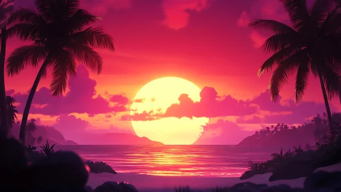 Hyper-saturated tropical sunset with silhouetted palms and volumetric clouds