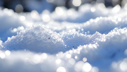 Sparkling close-up of fresh snow with bokeh effect in sunlight.
