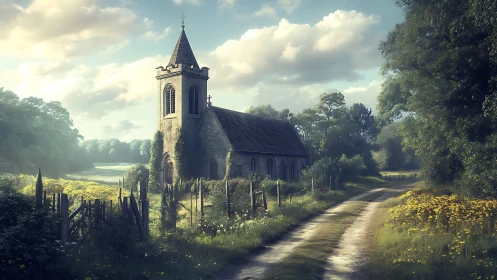Sunlit country church rests quietly beside a winding lane