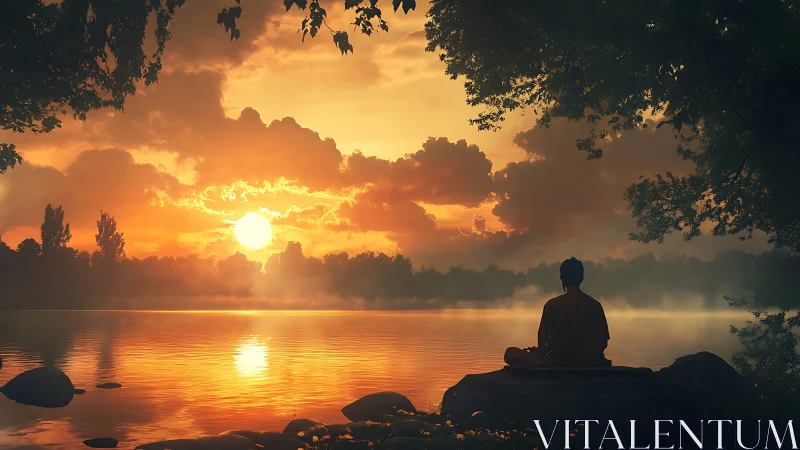 Quiet sunrise meditation by a glowing riverside horizon.