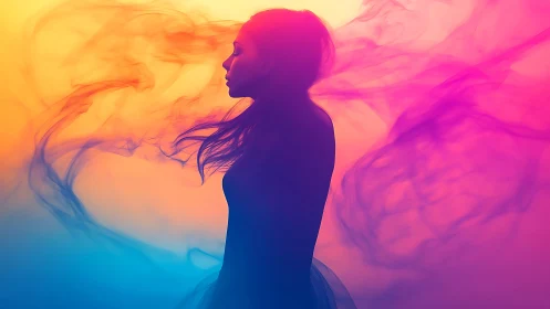 Silhouette drifts through neon mist and sunrise color waves.