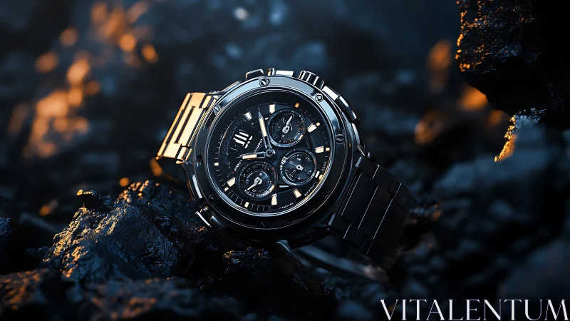 Luminous steel chronograph blazing amid molten shadowed rock.