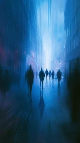 Urban silhouettes in motion blurred blue city corridor.