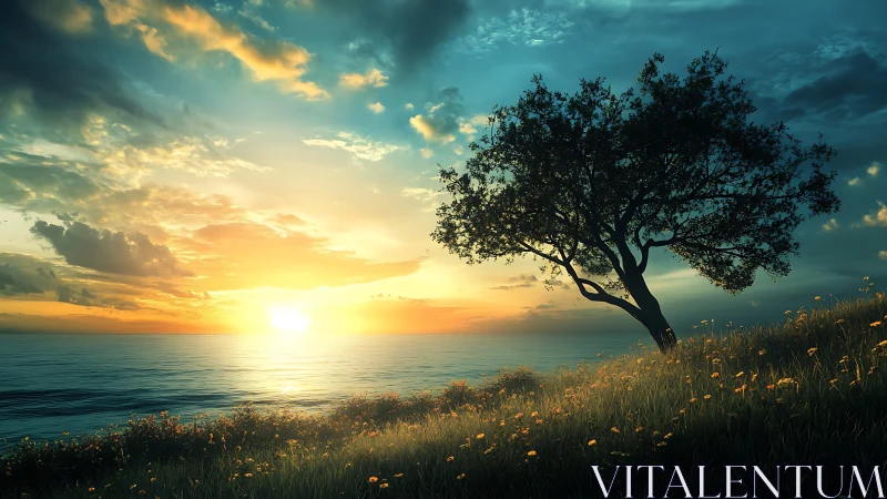 Solitary hillside tree greeting a luminous ocean sunset.