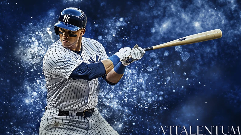 Baseball slugger in pinstripes swings bat through blue sparks