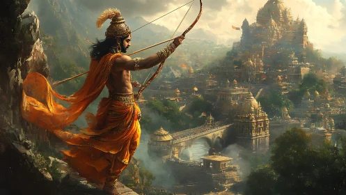 Sunlit archer prince guarding a golden mythic hill city.