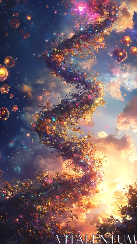 Spiraling luminous flora rising through glowing sky.