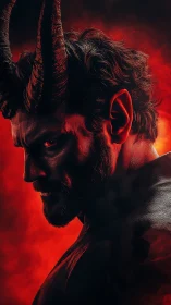 Smoldering horned demon gazes back through swirling crimson light