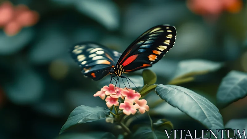 Photorealistic butterfly macro on soft bokeh garden backdrop.