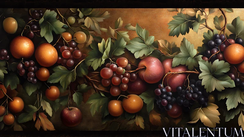 Hyperreal still life of clustered grapes, plums and apples on gold