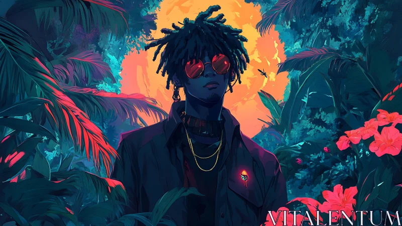 Figure stands before stylized sun within dense tropical foliage