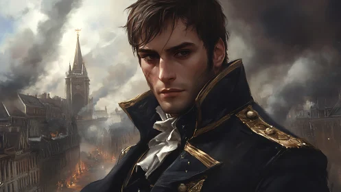 Brooding naval officer stands amid burning revolutionary city