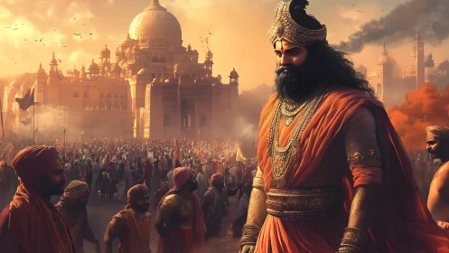 Warrior king surveys grand palace amid rising crowds.