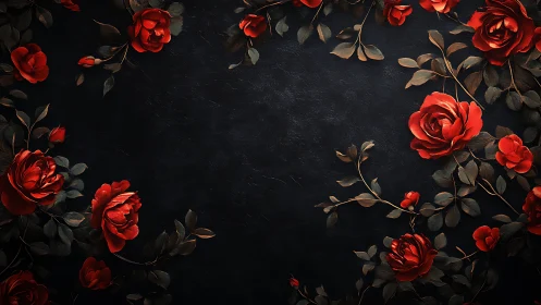 Red Roses on Black Background with Gold Foliage.